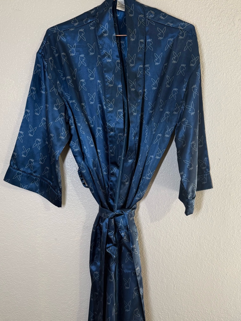 PLAYBOY Navy Satin Bunny-Print Kimono Robe